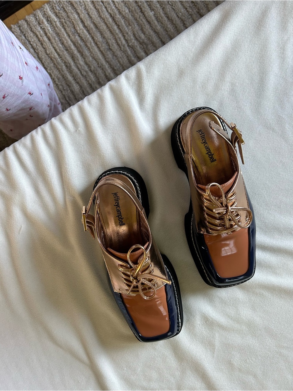 Jeffrey Campbell Rose Gold, Navy & Tan Patent Slingback Lace-Up Mules - Picture 6 of 10